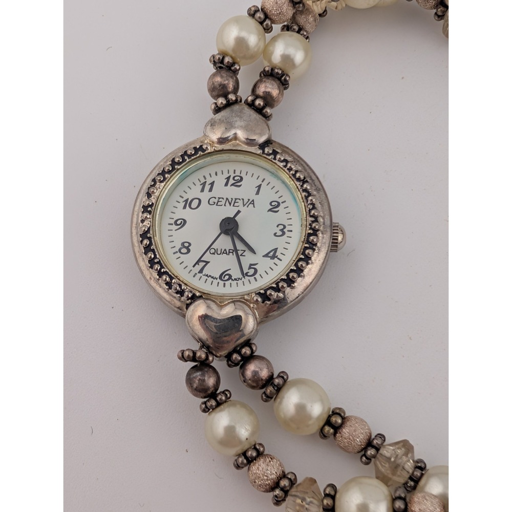 Geneva Silvertone Heart Bracelet Watch with Pearl Beads